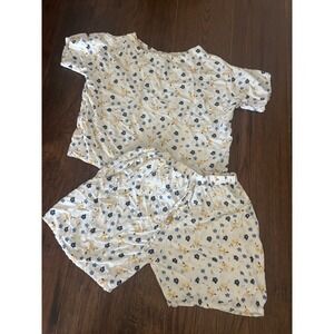Floral Pajama Set Short Sleeve Top and Drawstring Shorts White Blue Yellow
